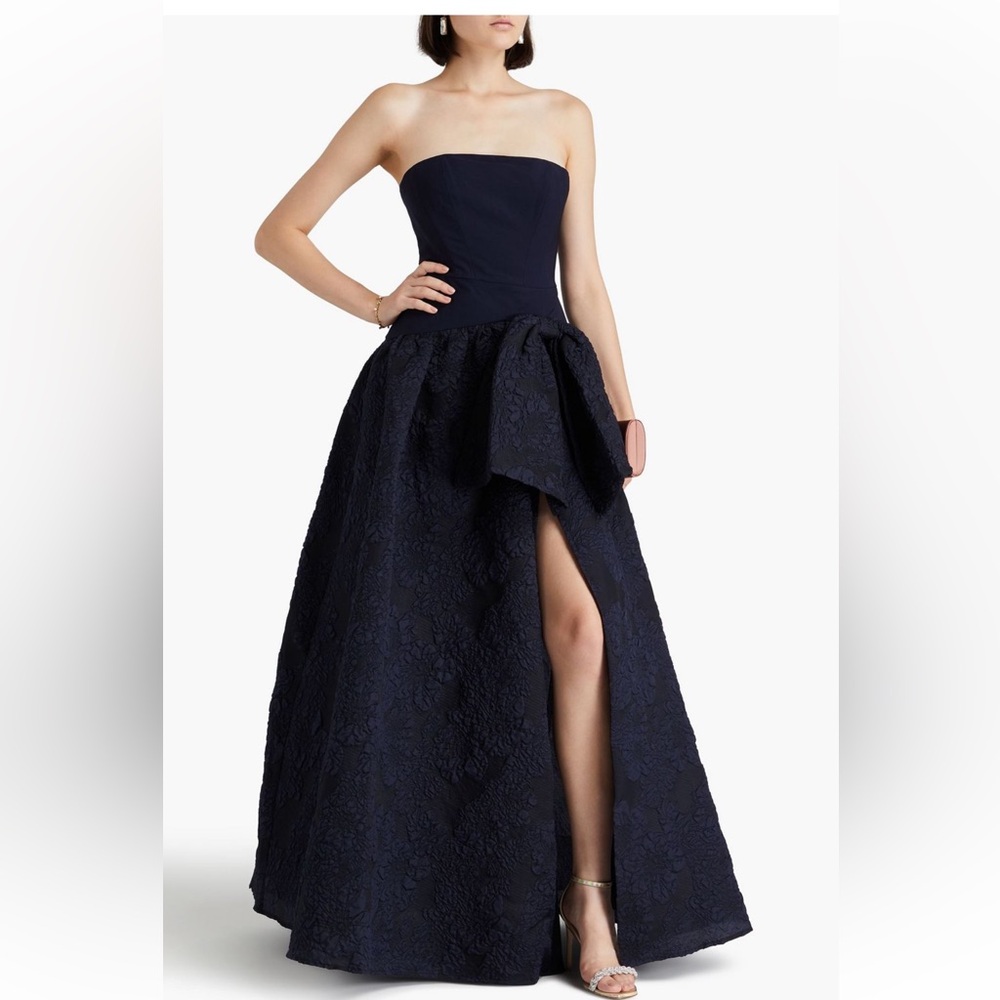 MARCHESA NOTTE Strapless bow-detailed cloqué and crepe gown